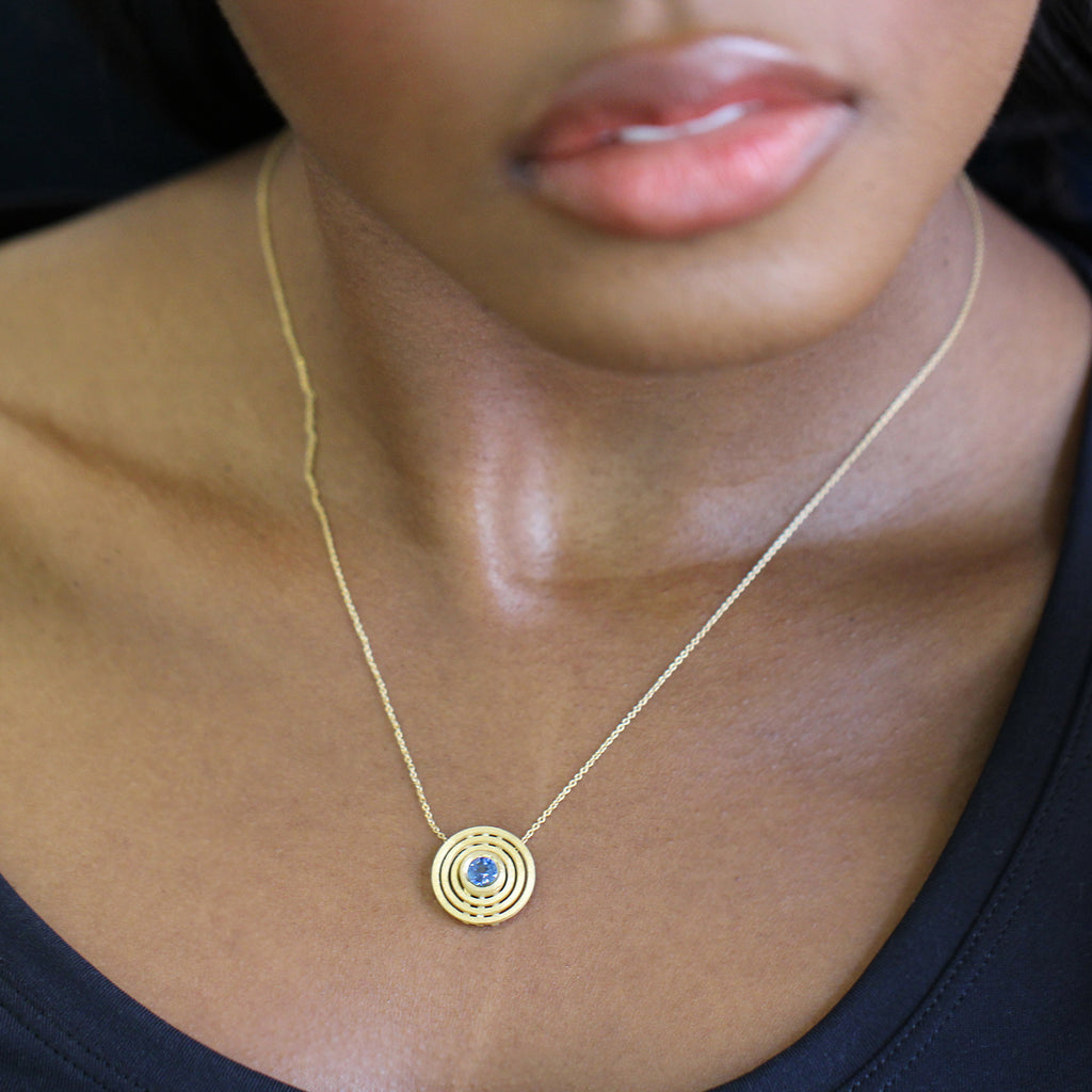 Shimell And Madden - 18k Yellow Gold Blue Sapphire Triple Nova Pendant - DESIGNYARD, Dublin Ireland.