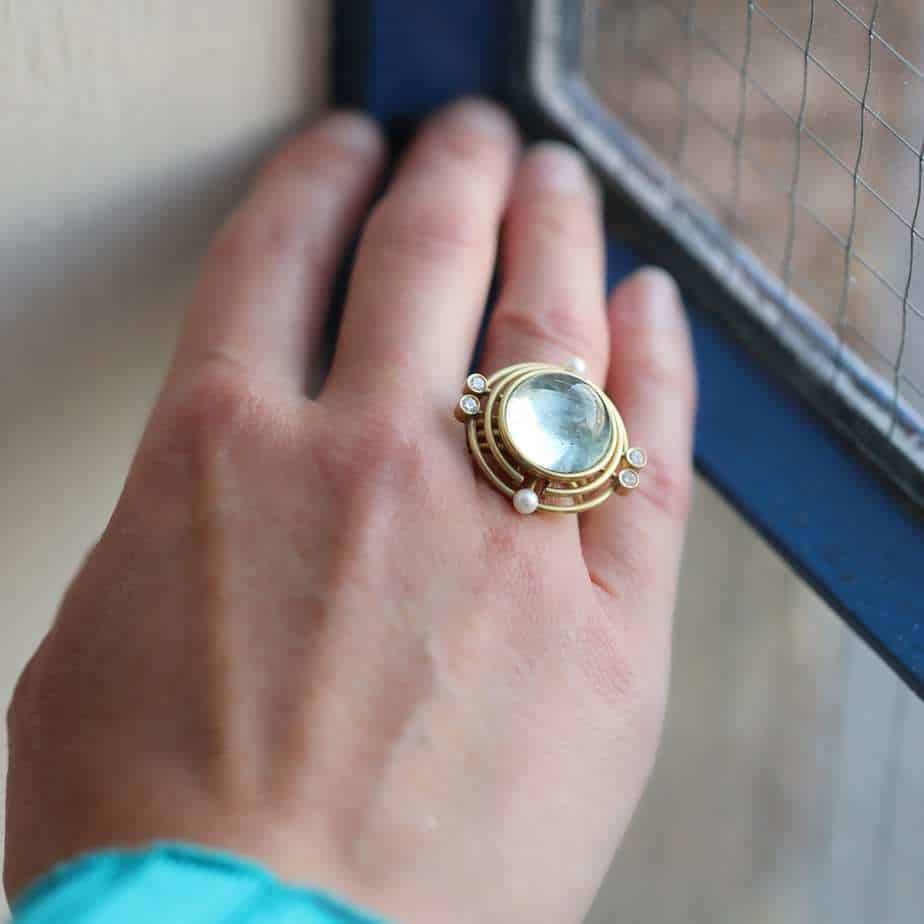 Shimell And Madden - 18k Yellow Gold Blue Beryl Diamond Pearl Dawn Sol Horizon Ring - DESIGNYARD, Dublin Ireland.