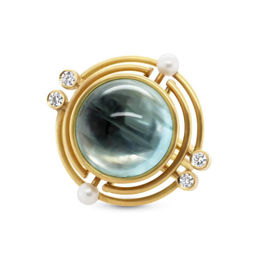 Shimell And Madden - 18k Yellow Gold Blue Beryl Diamond Pearl Dawn Sol Horizon Ring - DESIGNYARD, Dublin Ireland.