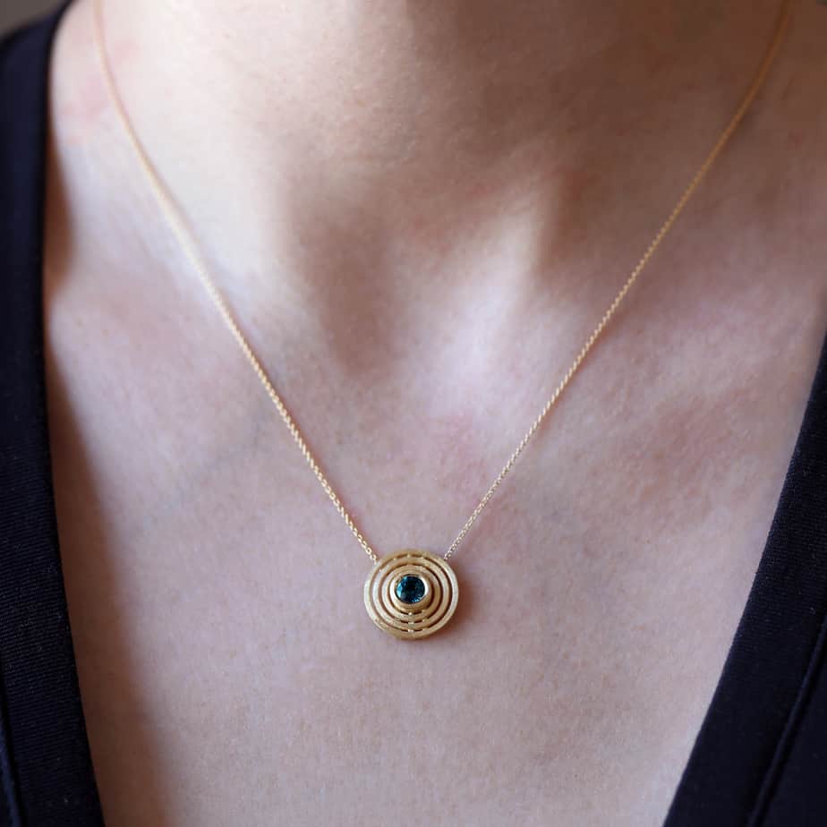 Shimell And Madden - 18k Yellow Gold Teal Sapphire Triple Nova Pendant - DESIGNYARD, Dublin Ireland.