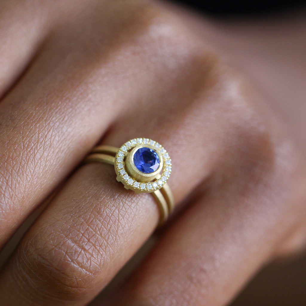 Photograph 2 of Shimell And Madden's Contemporary 18k Yellow Gold Atmos Sapphire Diamond Engagement Ring. Available on DESIGNYARD.com and in our Jewellery Shop Dublin, Ireland. Free Worldwide Shipping with DHL.