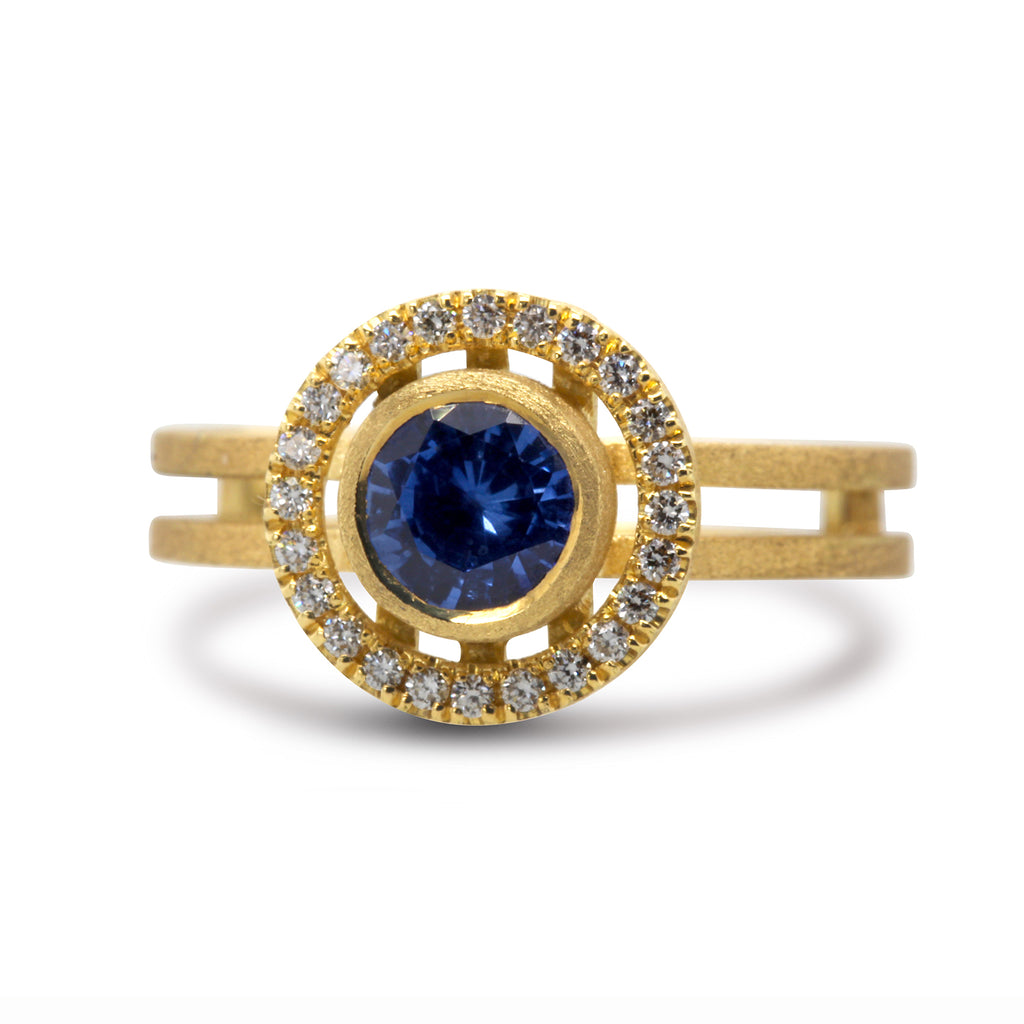 Shimell And Madden - 18k Yellow Gold Atmos Sapphire Diamond Ring - DESIGNYARD, Dublin Ireland.