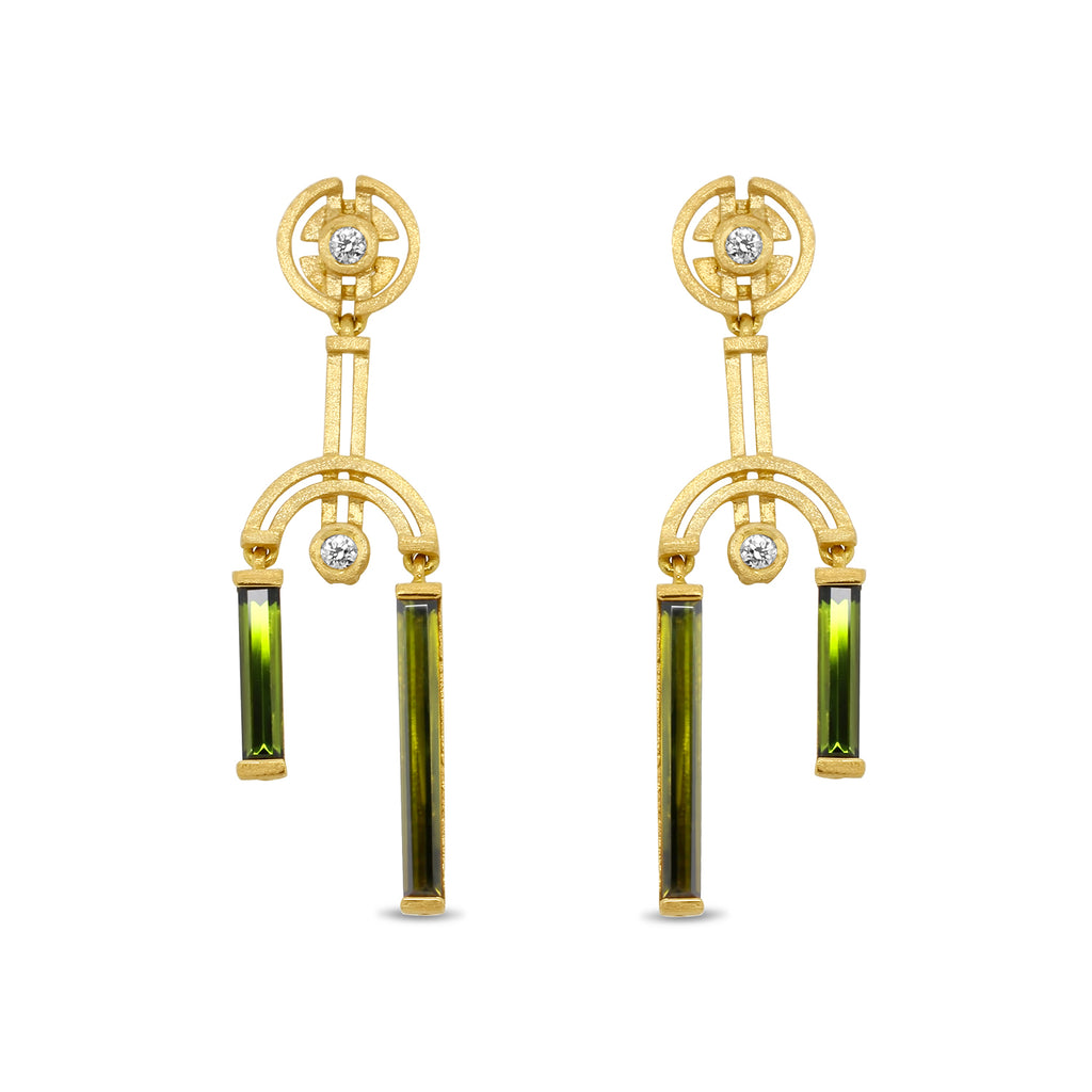 Photograph 1 of Shimell And Madden's Contemporary 18k Yellow Gold Green Tourmaline Arc Double Drop Earrings. Available on DESIGNYARD.com and in our Jewellery Shop Dublin, Ireland. Free Worldwide Shipping with DHL.