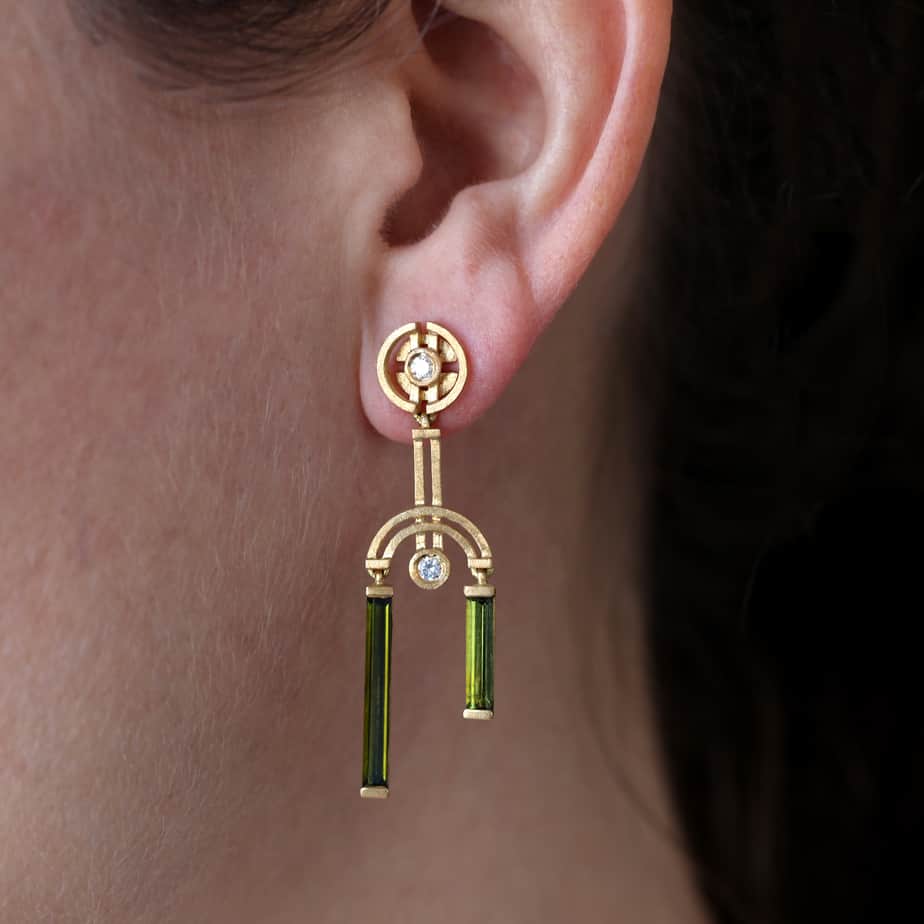 Shimell And Madden - 18k Yellow Gold Green Tourmaline Arc Double Drop Earrings - DESIGNYARD, Dublin Ireland.