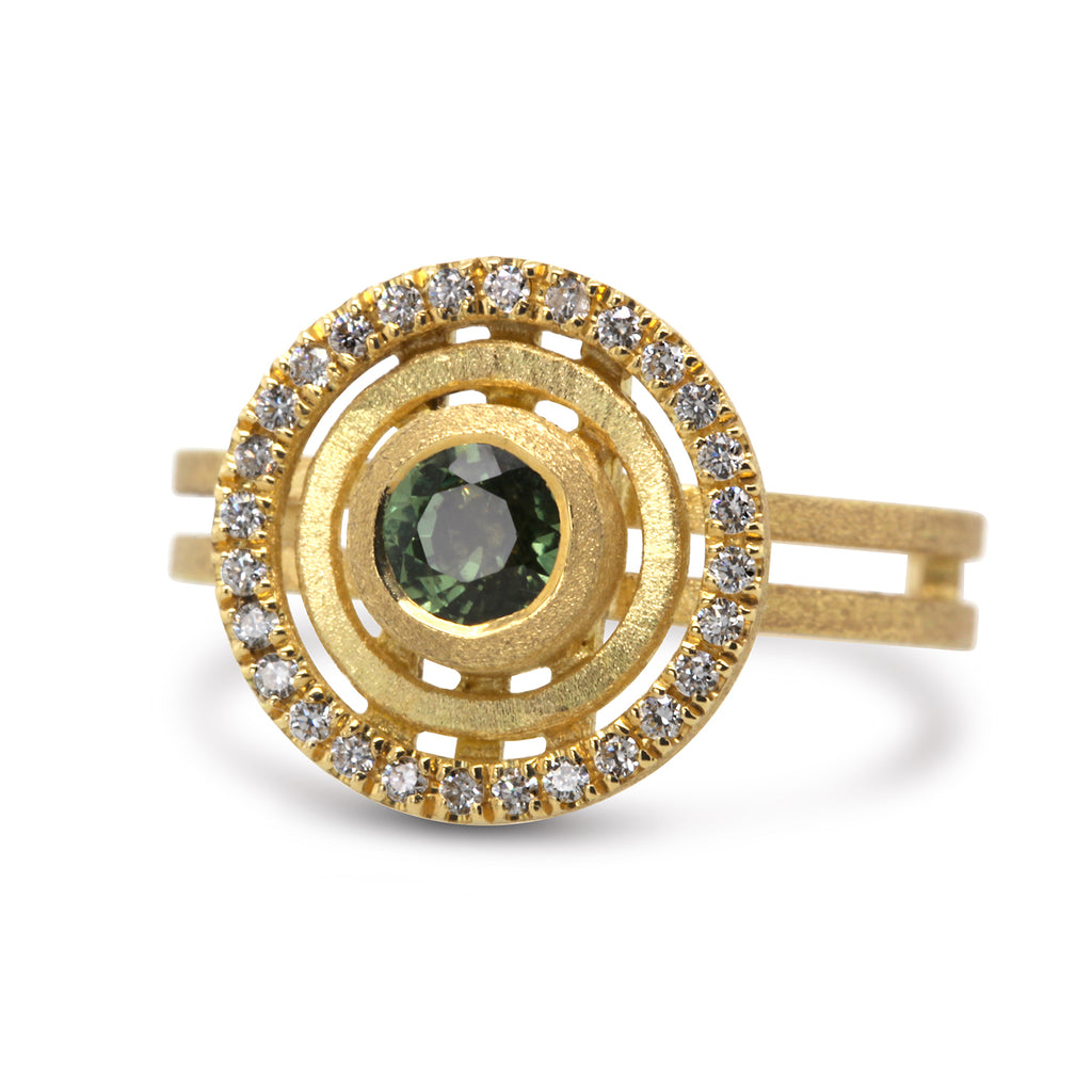 Shimell And Madden - 18k Yellow Gold Green Sapphire Solar Ring - DESIGNYARD, Dublin Ireland.