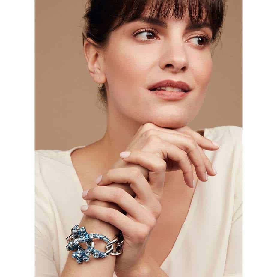 Photograph 2 of Simon Harrison's Contemporary Coral Crystal And Enamel Chain Statement Bracelet. Available on DESIGNYARD.com and in our Jewellery Shop Dublin, Ireland. Free Worldwide Shipping with DHL.