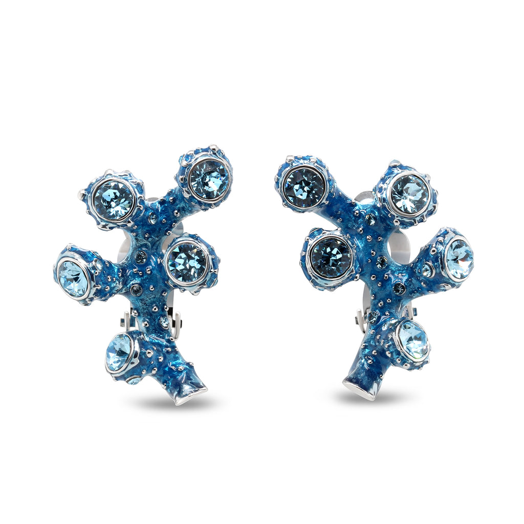 Photograph 1 of Simon Harrison's Contemporary Coral Crystal and Enamel Clip-on Cluster Statement Earrings. Available on DESIGNYARD.com and in our Jewellery Shop Dublin, Ireland. Worldwide Shipping.
