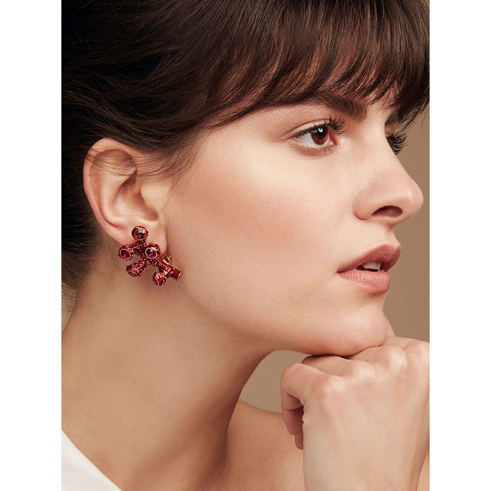 Photograph 2 of Simon Harrison's Contemporary Coral Crystal and Enamel Red Clip-on Cluster Statement Earrings. Available on DESIGNYARD.com and in our Jewellery Shop Dublin, Ireland. Worldwide Shipping.