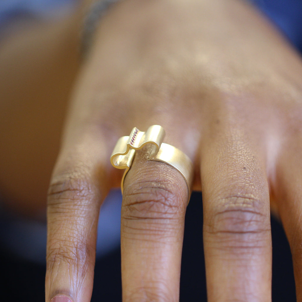 Síne Vasquez - 14k Yellow Gold Ruby Hasi Ring - DESIGNYARD, Dublin Ireland.