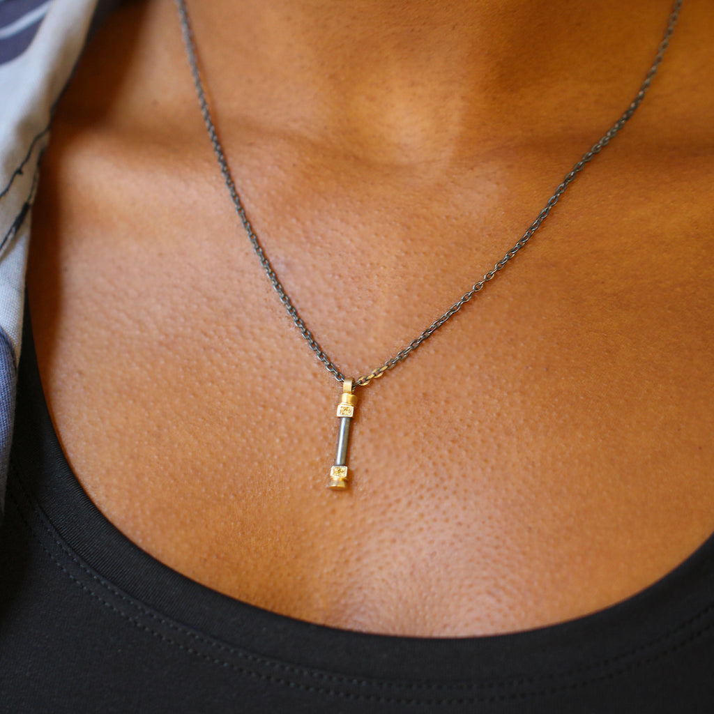 Síne Vasquez - Silver Oxidised 14k Yellow Gold Diamond Pillar Pendant - DESIGNYARD, Dublin Ireland.