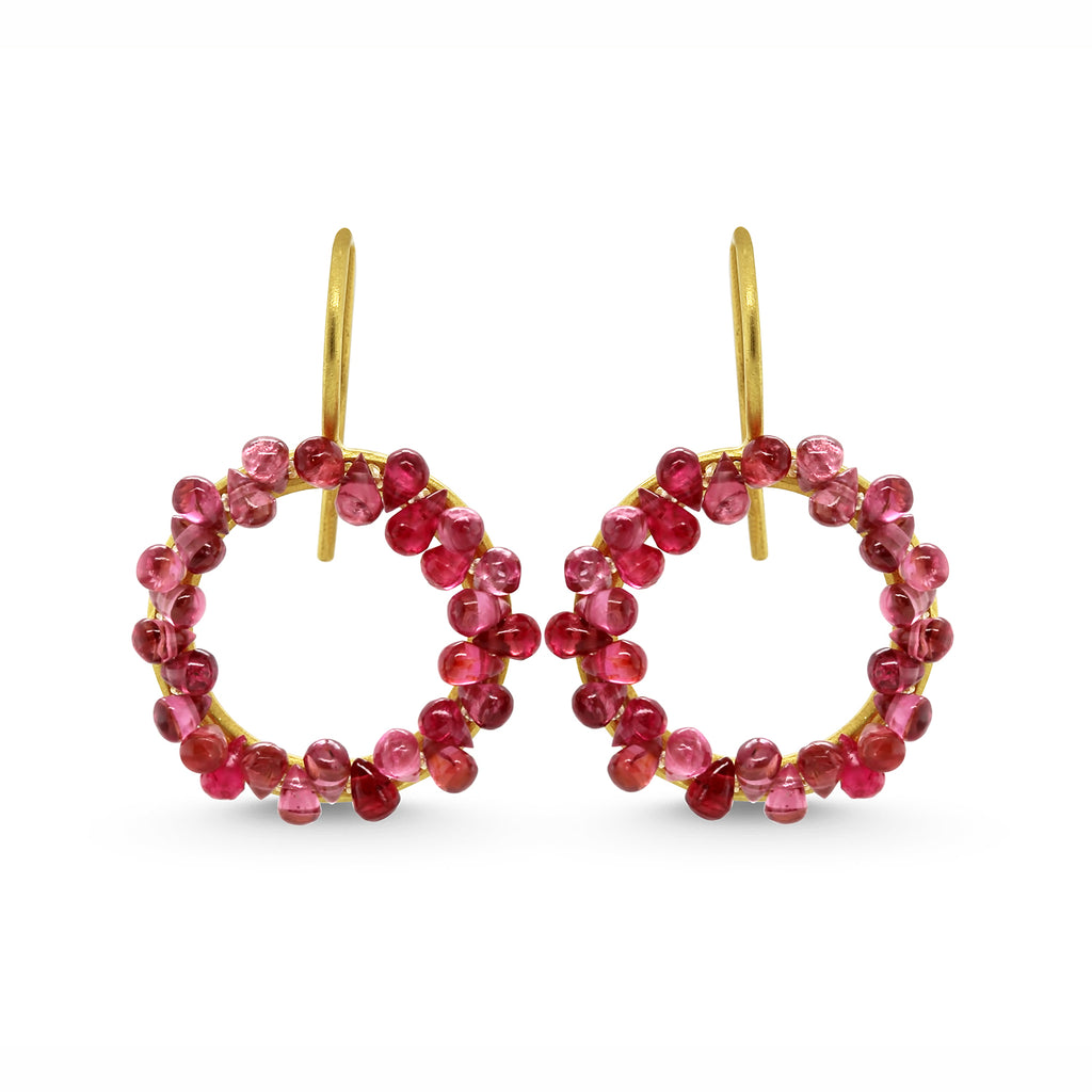 Photograph 1 of Sophia Epp's Contemporary 18k Yellow Gold Red Spinel Circle Statement Earrings. Available on DESIGNYARD.com and in our Jewellery Shop Dublin, Ireland. Free Worldwide Shipping with DHL.