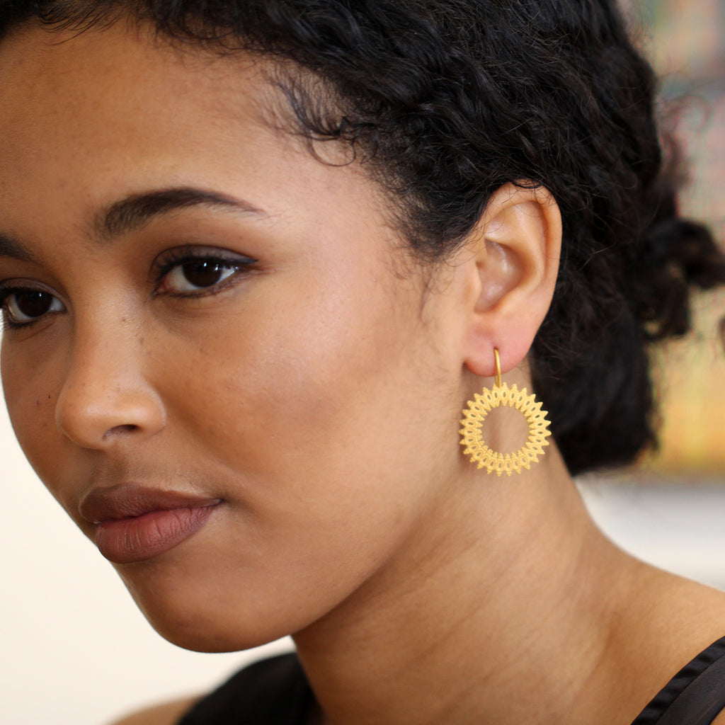 Photograph 3 of Sophia Epp's Contemporary Silver 22k Gold Plate Orient Circles III Statement Earrings Available on DESIGNYARD.com and in our Jewellery Shop Dublin, Ireland. Free Worldwide Shipping with DHL.