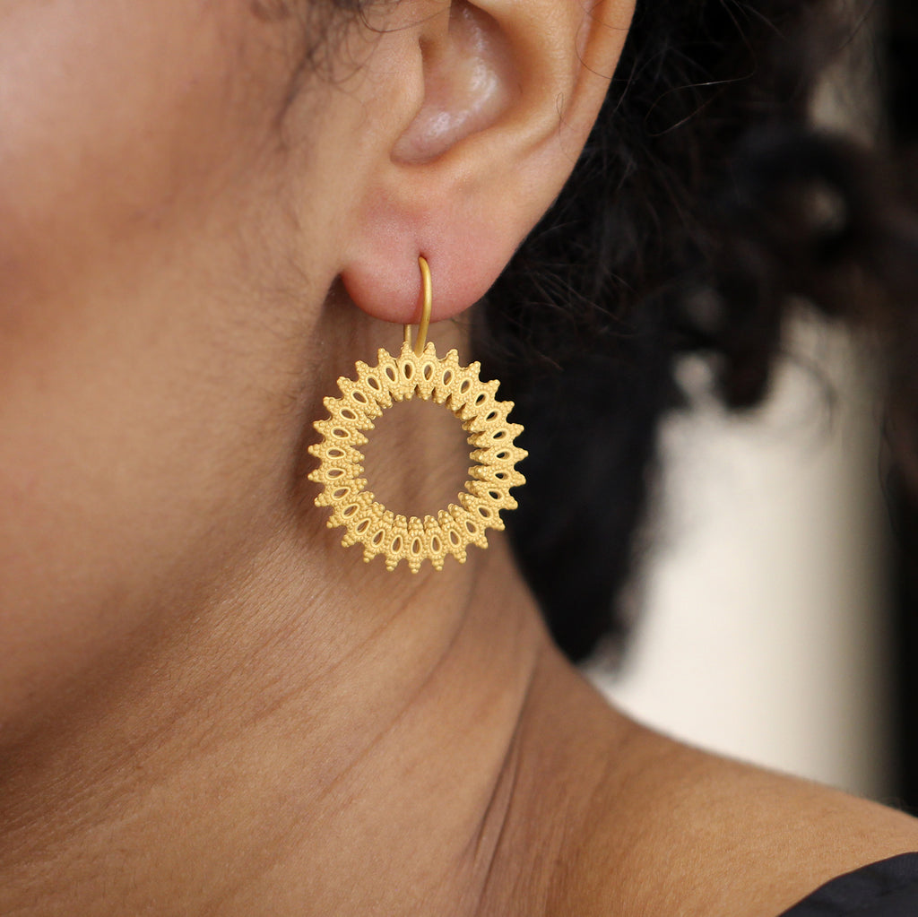 Photograph 2 of Sophia Epp's Contemporary Silver 22k Gold Plate Orient Circles III Statement Earrings Available on DESIGNYARD.com and in our Jewellery Shop Dublin, Ireland. Free Worldwide Shipping with DHL.