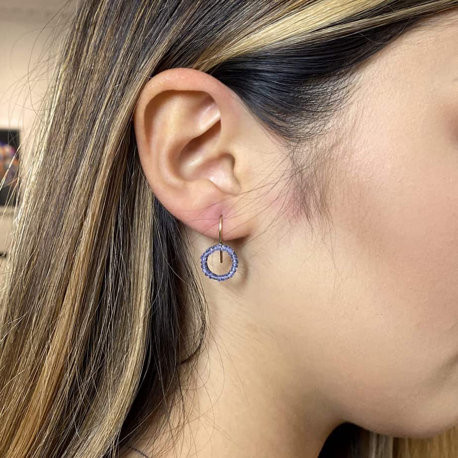 Photograph 2 of Sophia Epp's Contemporary Oxidized Silver 18k Yellow Gold Tanzanite Mini Circle Statement Earrings. Available on DESIGNYARD.com and in our Jewelery Shop Dublin, Ireland.