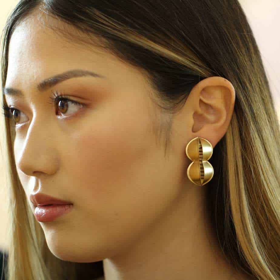 Photograph 2 of Sophia Epp's Contemporary Silver 22k Gold Plate Doppel Navette Statement Earrings Available on DESIGNYARD.com and in our Jewellery Shop Dublin, Ireland.