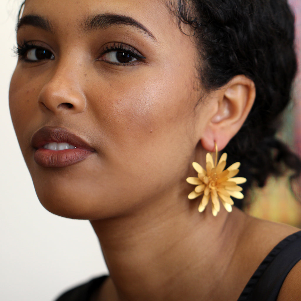 Photograph 2 of Sophia Epp's Contemporary Silver 22k Gold Plate Water Lily Statement Earrings. Available on DESIGNYARD.com and in our Jewellery Shop Dublin, Ireland. Free Worldwide Shipping with DHL.