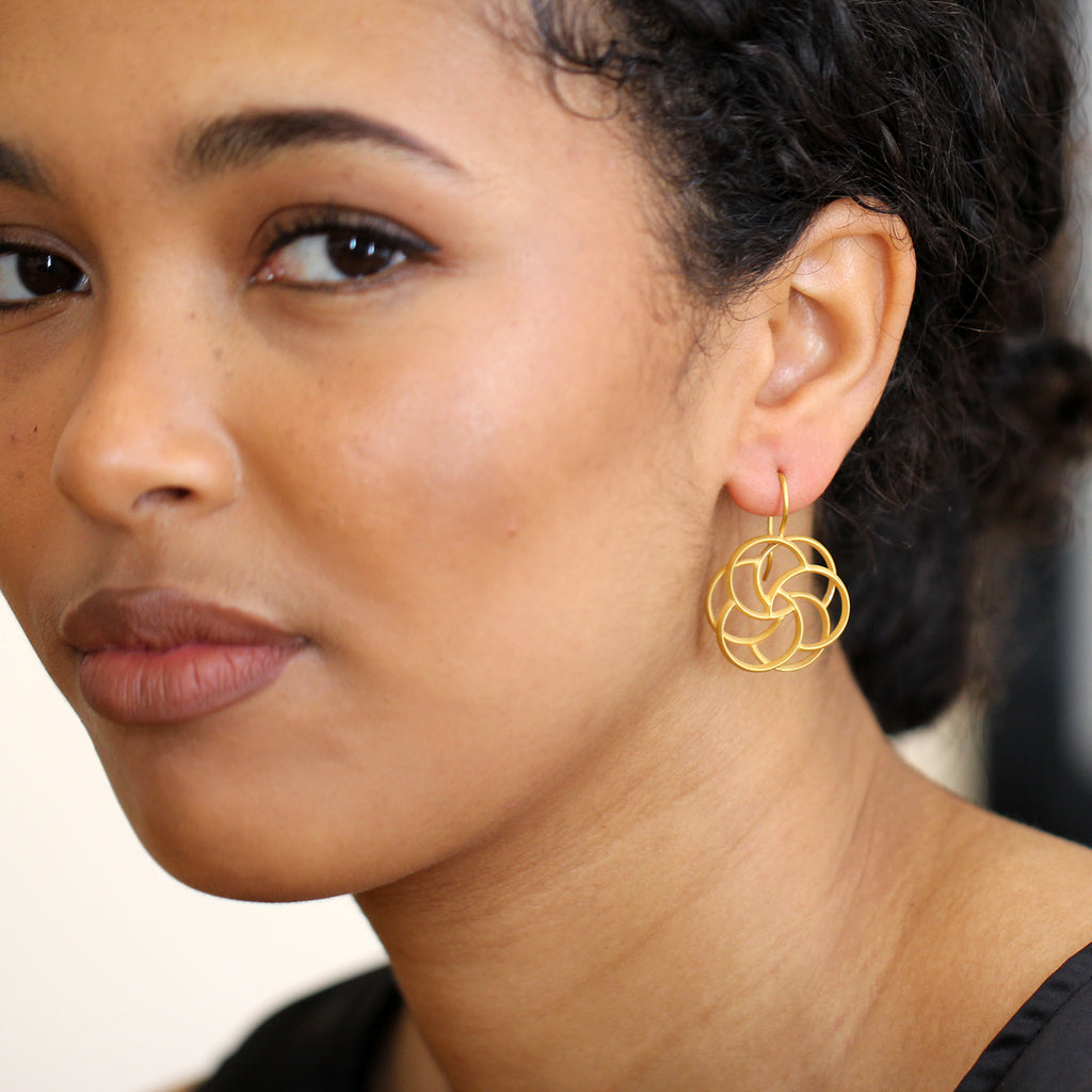 Photograph 2 of Sophia Epp's Contemporary Silver 22k Gold Plate Christmas Rose Statement Earrings. Available on DESIGNYARD.com and in our Jewellery Shop Dublin, Ireland. Free Worldwide Shipping with DHL.