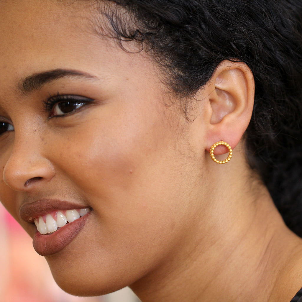 Photograph 2 of Sophia Epp's Contemporary Silver 22k Gold Plate Double Circle Statement Earrings. Available on DESIGNYARD.com and in our Jewellery Shop Dublin, Ireland.