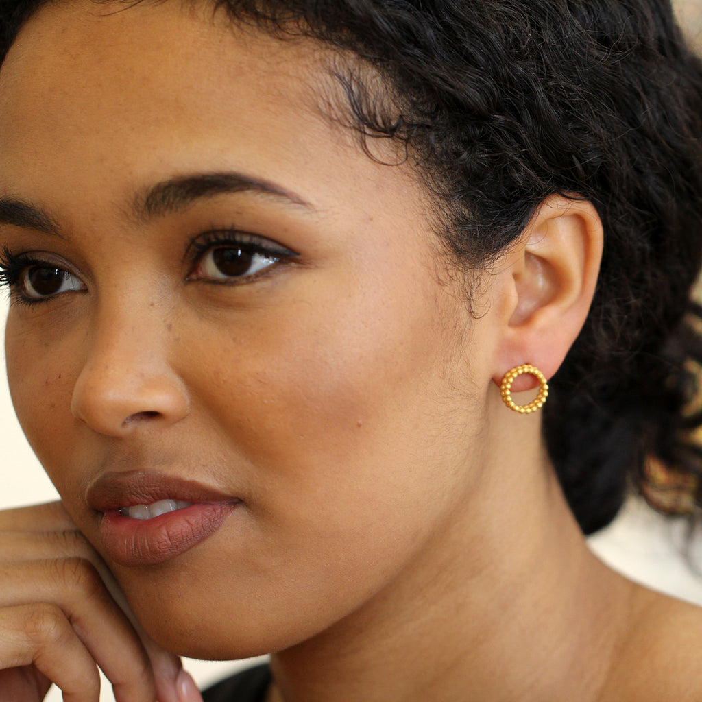 Photograph 3 of Sophia Epp's Contemporary Silver 22k Gold Plate Double Circle Statement Earrings. Available on DESIGNYARD.com and in our Jewellery Shop Dublin, Ireland.