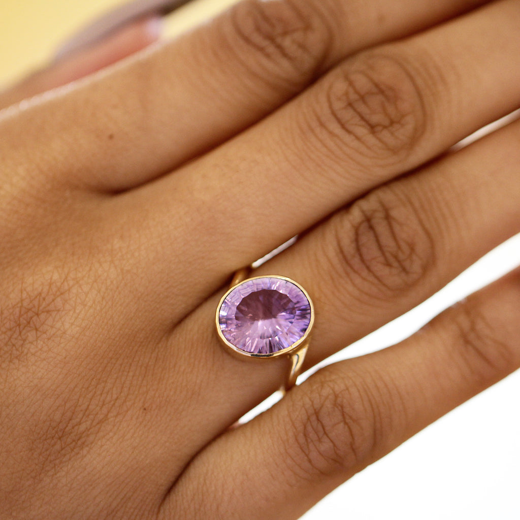 Photograph 3 of Stephanie Robinson's Contemporary 14k Yellow Gold Concave Amethyst Statement Ring. Available on DESIGNYARD.com and in our Jewellery Shop Dublin, Ireland. Free Worldwide Shipping with DHL.