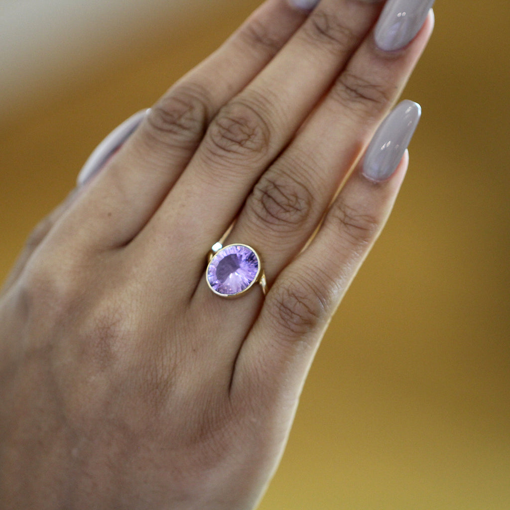 Photograph 4 of Stephanie Robinson's Contemporary 14k Yellow Gold Concave Amethyst Statement Ring. Available on DESIGNYARD.com and in our Jewellery Shop Dublin, Ireland. Free Worldwide Shipping with DHL.