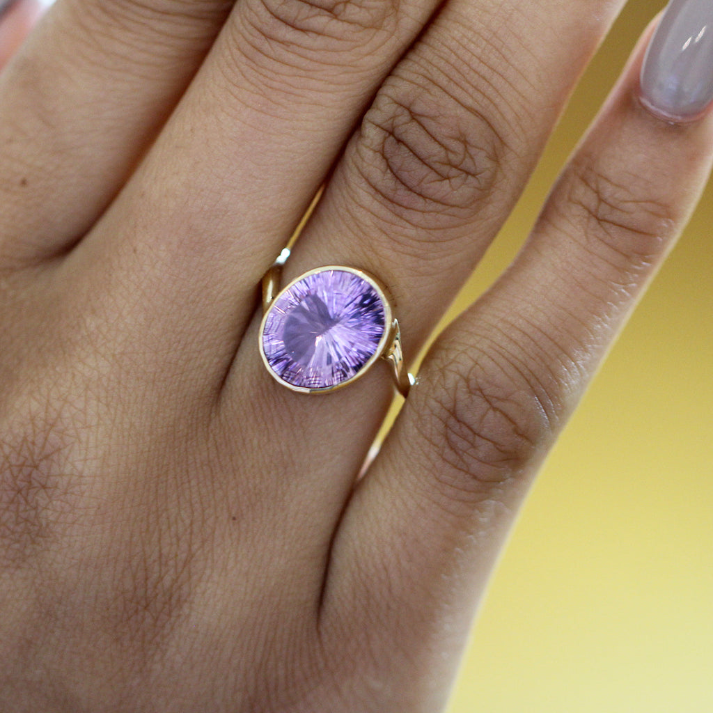Photograph 5 of Stephanie Robinson's Contemporary 14k Yellow Gold Concave Amethyst Statement Ring. Available on DESIGNYARD.com and in our Jewellery Shop Dublin, Ireland. Free Worldwide Shipping with DHL.