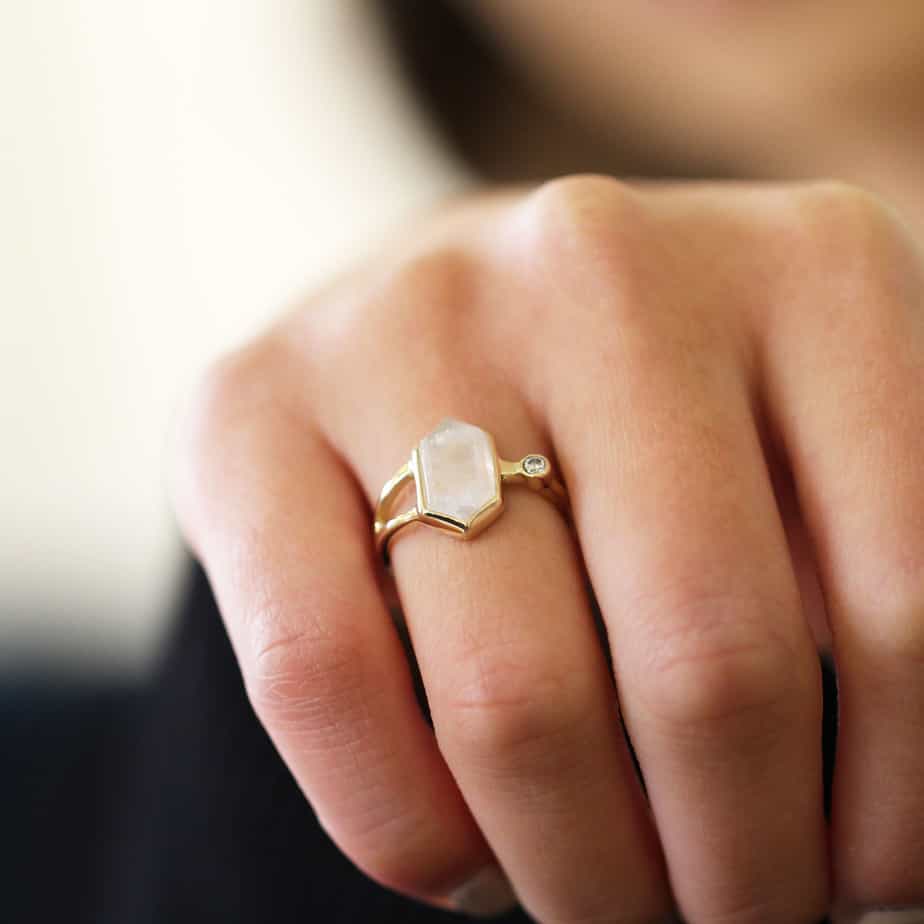 Stephanie Robinson - 14k Yellow Gold Hex Moonstone Diamond Ring - DESIGNYARD, Dublin Ireland.