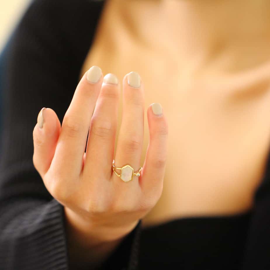Stephanie Robinson - 14k Yellow Gold Hex Moonstone Diamond Ring - DESIGNYARD, Dublin Ireland.