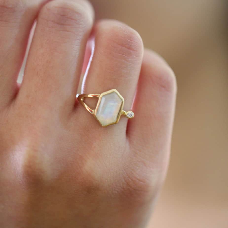 Stephanie Robinson - 14k Yellow Gold Hex Moonstone Diamond Ring - DESIGNYARD, Dublin Ireland.
