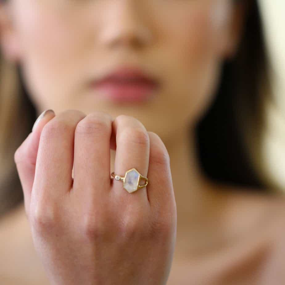 Stephanie Robinson - 14k Yellow Gold Hex Moonstone Diamond Ring - DESIGNYARD, Dublin Ireland.