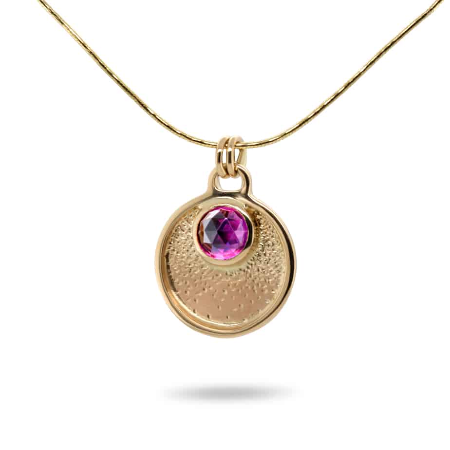 Photograph 1 of Stephanie Robinson's Contemporary 14k Yellow Gold Rose-Cut Amethyst Disc Pendant. Available on DESIGNYARD.com and in our Jewellery Shop Dublin, Ireland. Free Worldwide Shipping with DHL.
