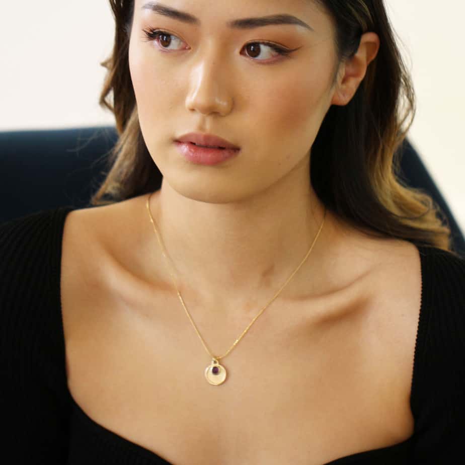 Stephanie Robinson - 14k Yellow Gold Rose-Cut Amethyst Disc Pendant - DESIGNYARD, Dublin Ireland.