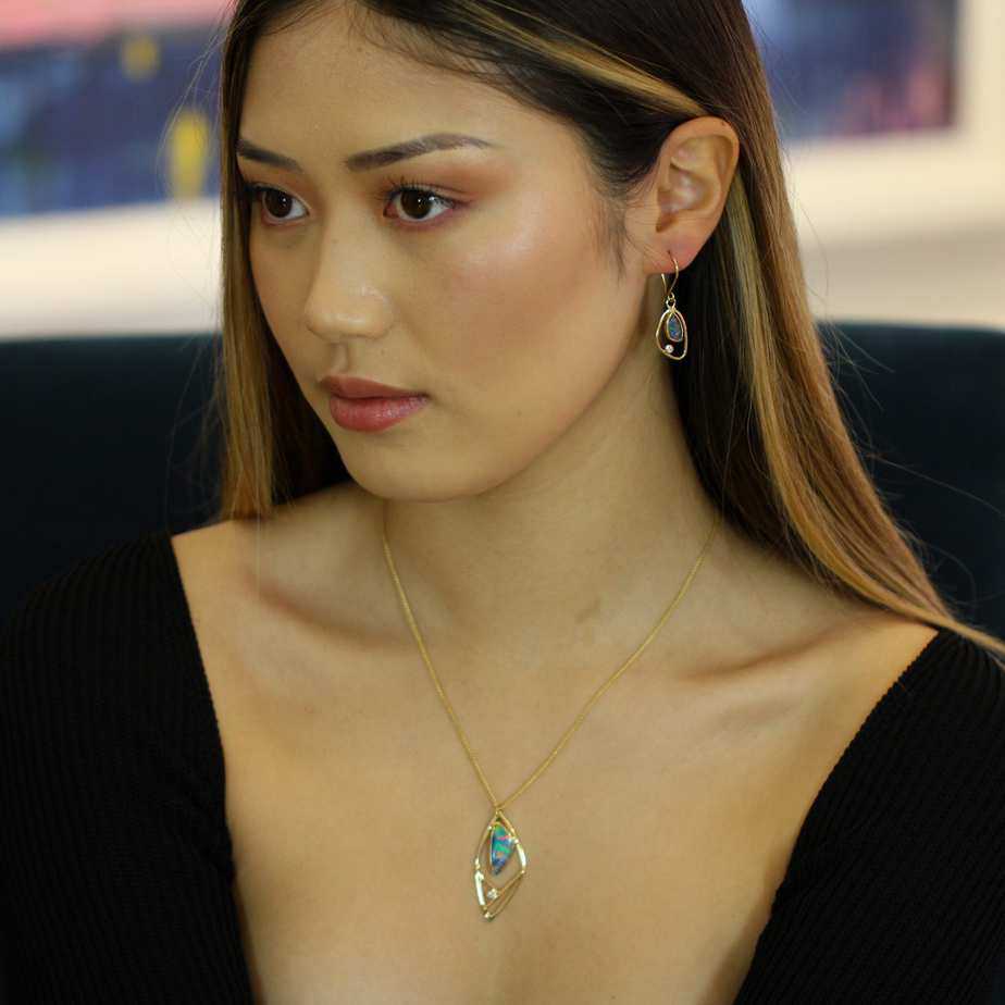 Stephanie Robinson - 18k Yellow Gold Black Opal Diamond Earrings - DESIGNYARD, Dublin Ireland.