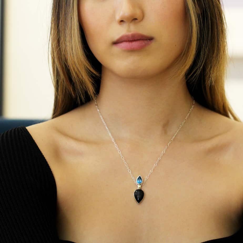 Stephanie Robinson - Sterling Silver Onyx Swiss Blue Topaz Necklace - DESIGNYARD, Dublin Ireland.