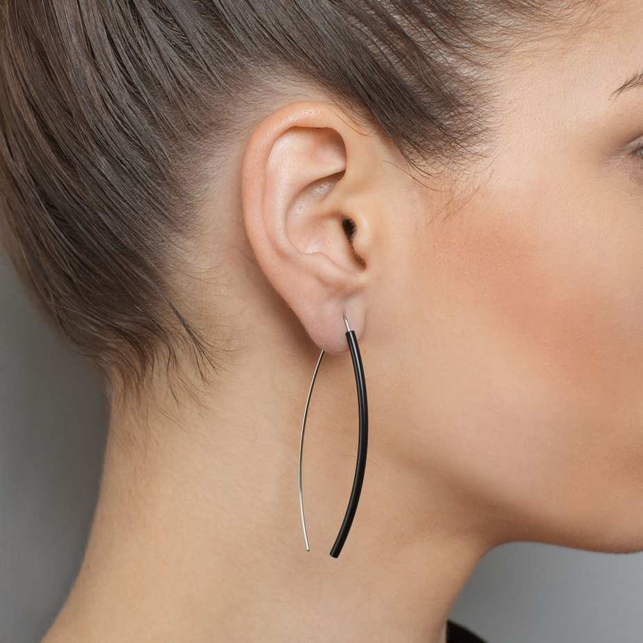 Photograph 2 of Ursula Muller's Contemporary Black Silver Aluminium Hoop Earrings. Available on DESIGNYARD.com and in our Jewellery Shop Dublin, Ireland. Worldwide Shipping.