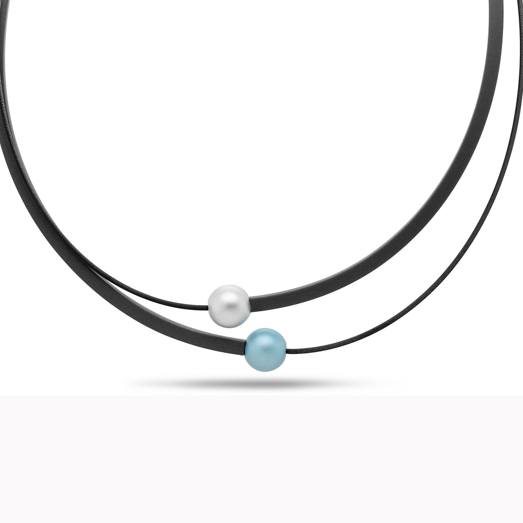 Ursula Muller - 2 Bead Blue Silver Aluminium Steel Rubber Necklace - DESIGNYARD, Dublin Ireland.