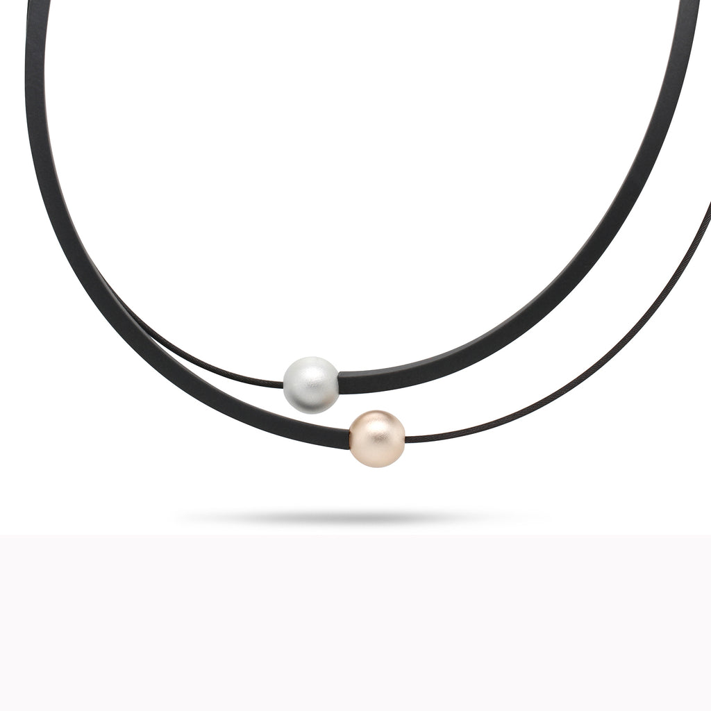 Ursula Muller - 2 Bead Silver Gold Aluminium Steel Rubber Necklace - DESIGNYARD, Dublin Ireland.