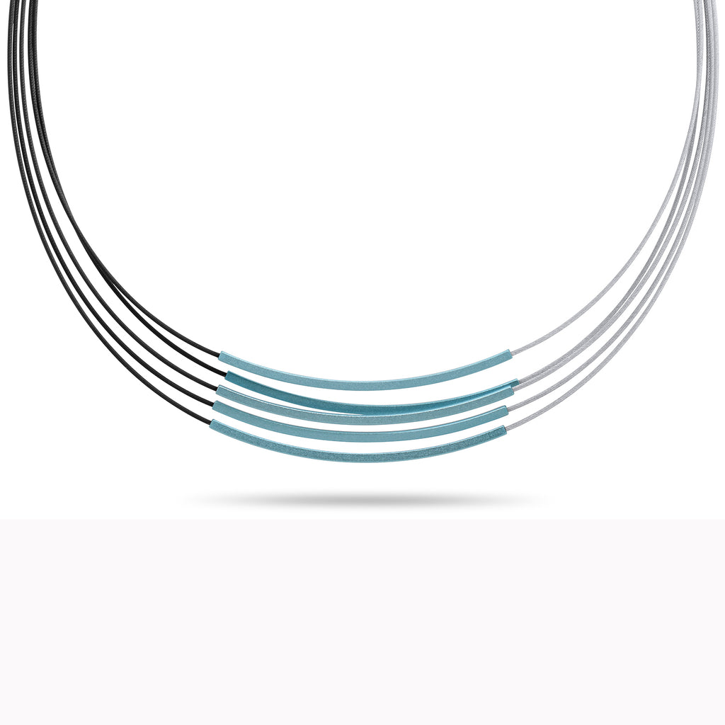 Ursula Muller - Black Grey Light Blue Tube Steel Aluminium Necklace - DESIGNYARD, Dublin Ireland.