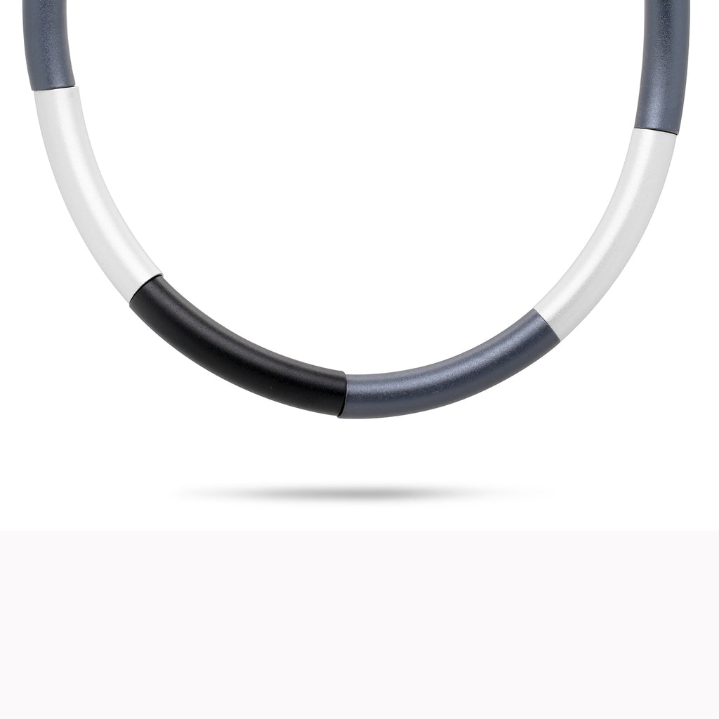 Ursula Muller - Black Navy Silver Aluminium Tube Necklace - DESIGNYARD, Dublin Ireland.