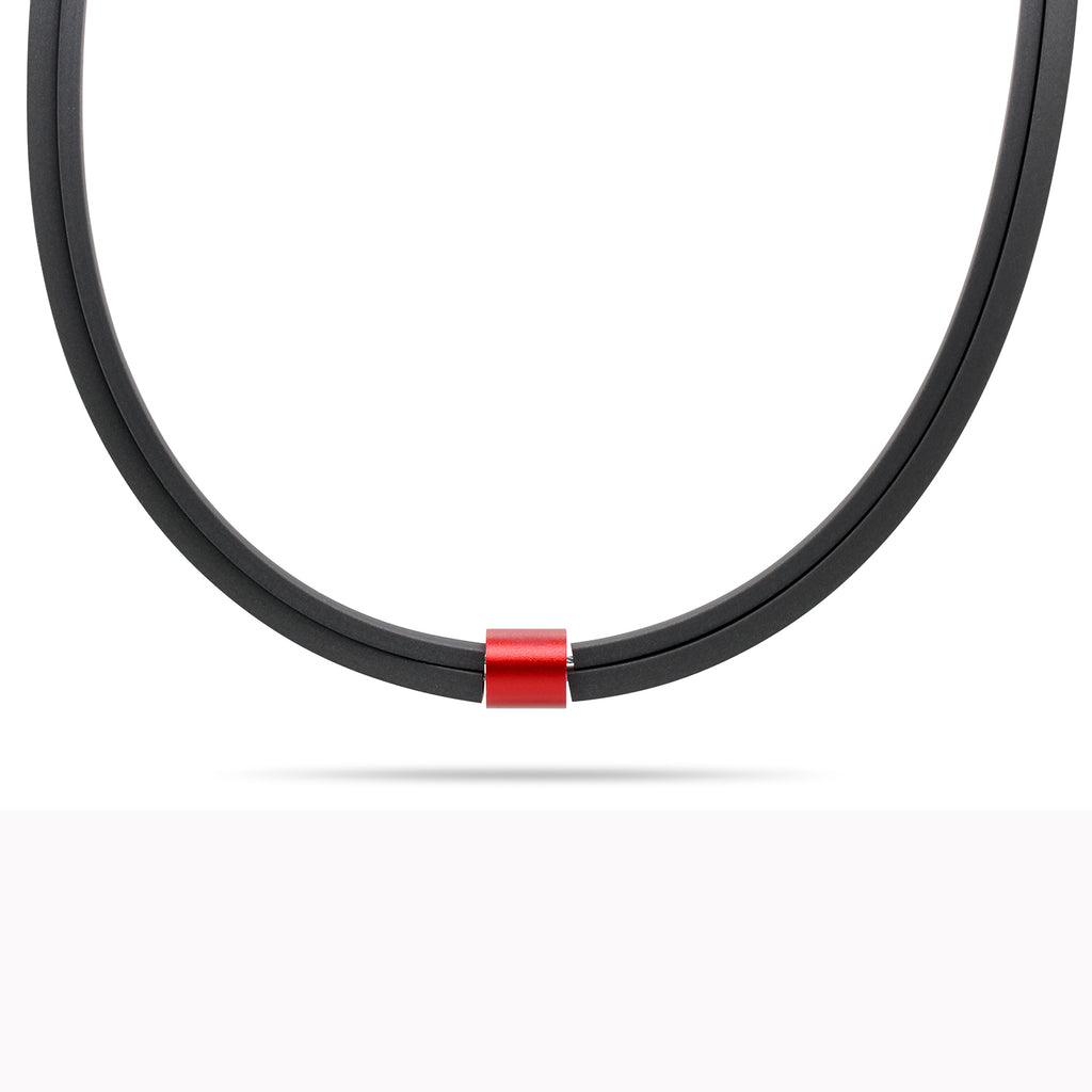 Ursula Muller - Black Rubber Red Aluminium Roller Necklace - DESIGNYARD, Dublin Ireland.