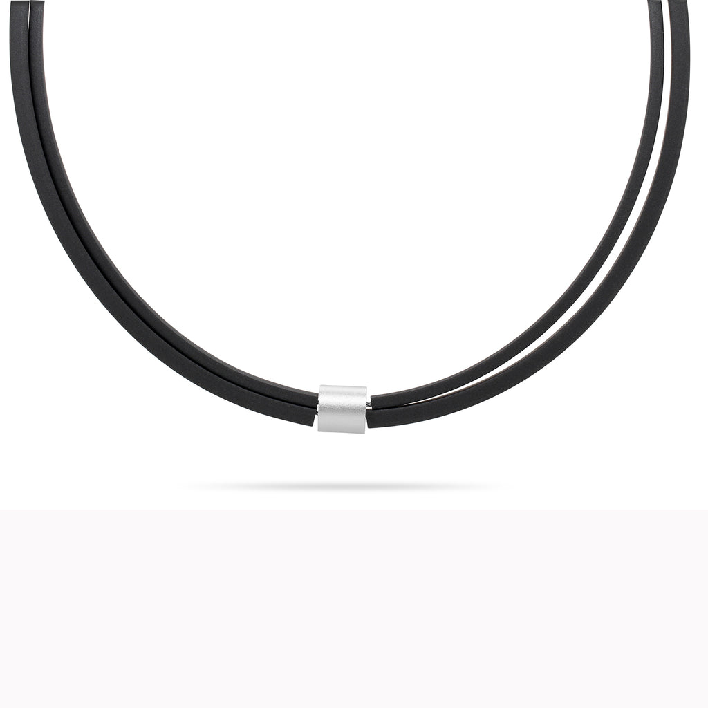 Ursula Muller - Black Rubber Silver Aluminium Roller Necklace - DESIGNYARD, Dublin Ireland.