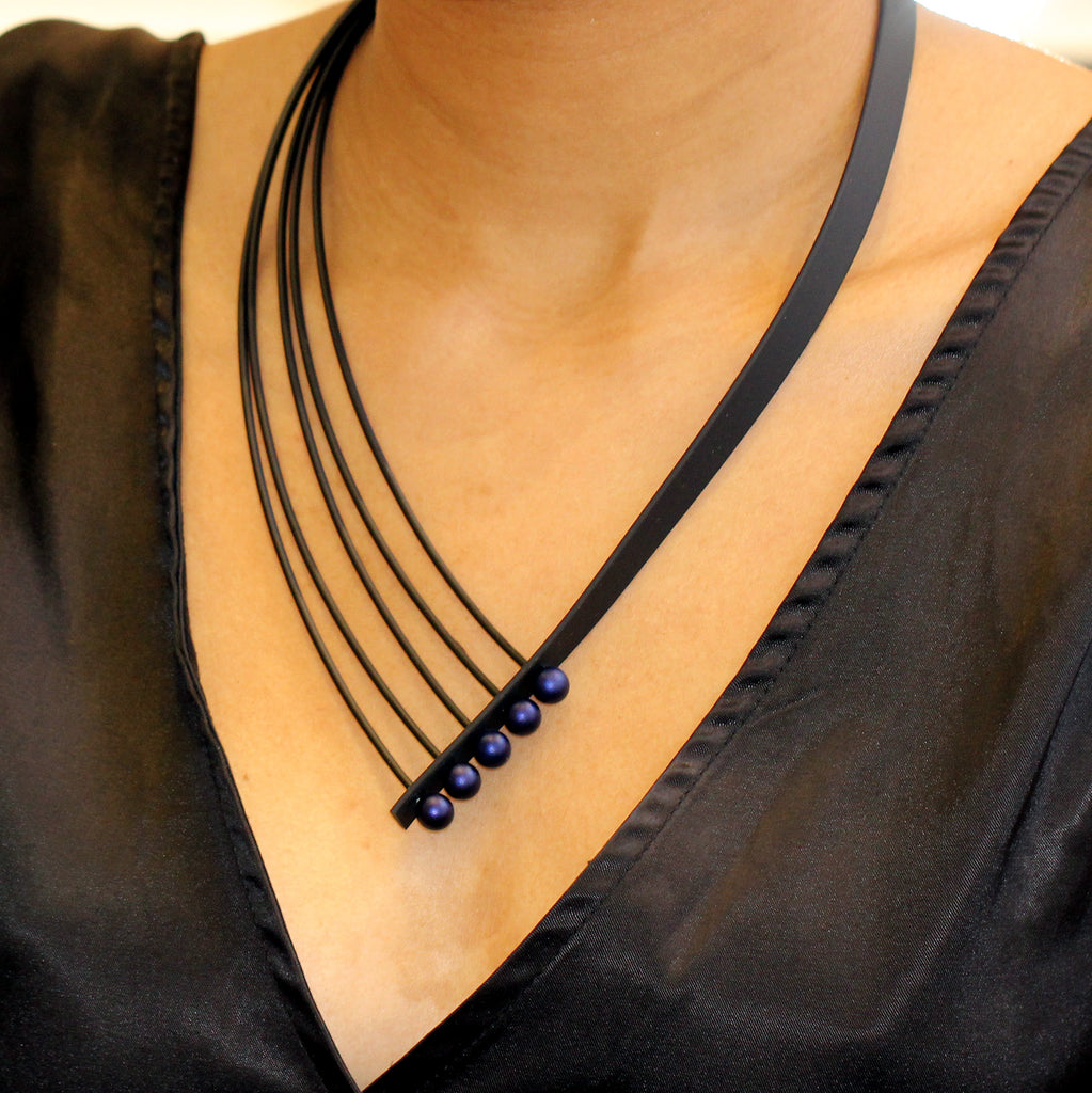 Ursula Muller - Five Strand  Blue Rubber Necklace - DESIGNYARD, Dublin Ireland.