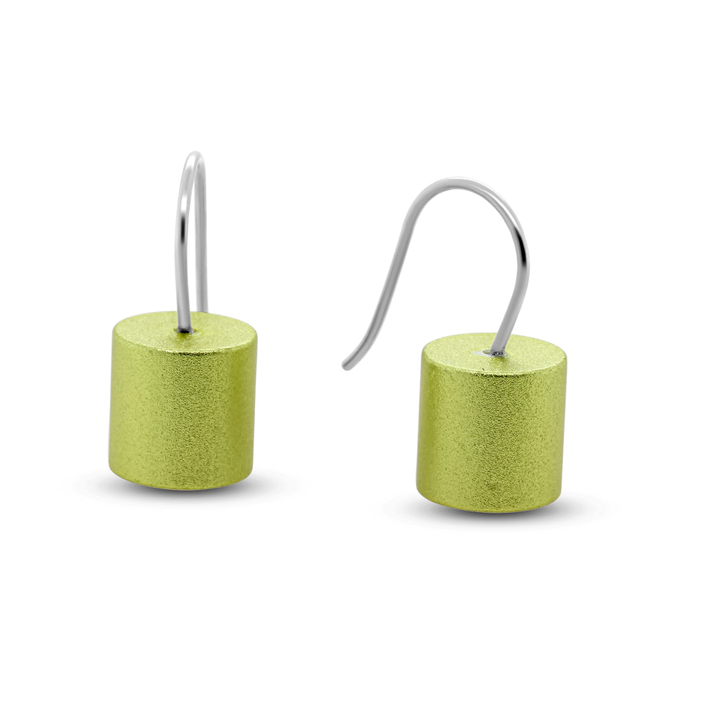 Ursula Muller - Lime Green Aluminium Roller Earrings - DESIGNYARD, Dublin Ireland.