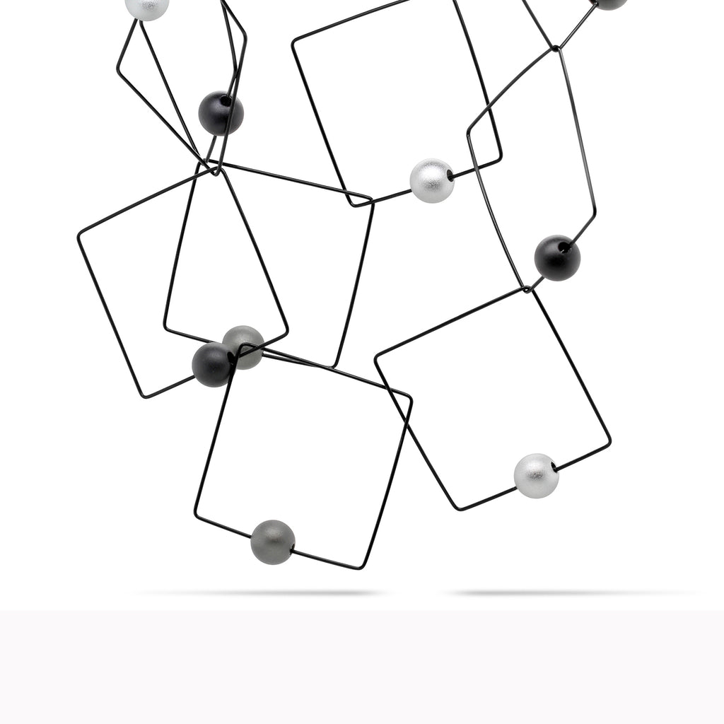Ursula Muller - Grey Black Square Aluminium Beaded Double Length Necklace - DESIGNYARD, Dublin Ireland.