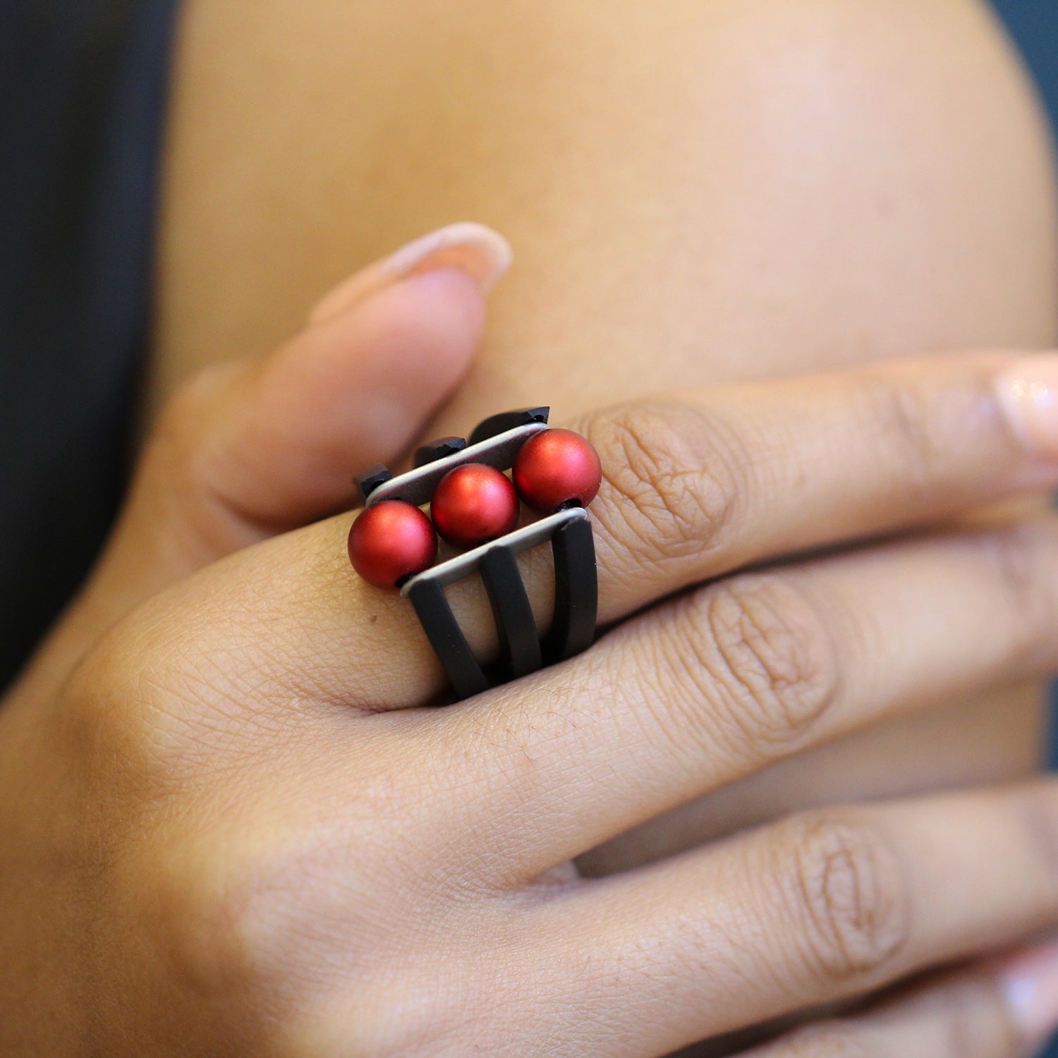 Contemporary Trio Red Rubber Aluminium Ring - by Ursula Muller DESIGNYARD