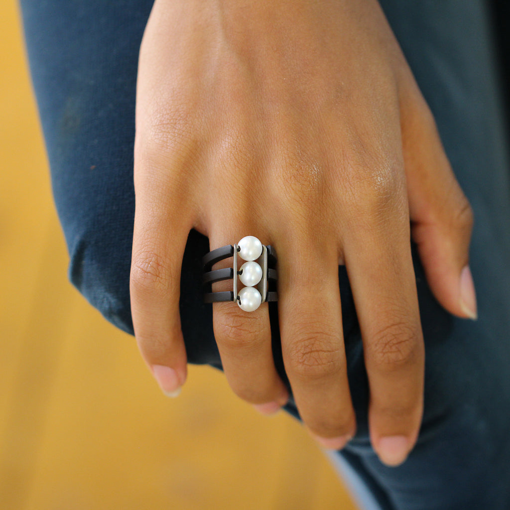 Ursula Muller - Trio Pearl Rubber Aluminium Ring - DESIGNYARD, Dublin Ireland.